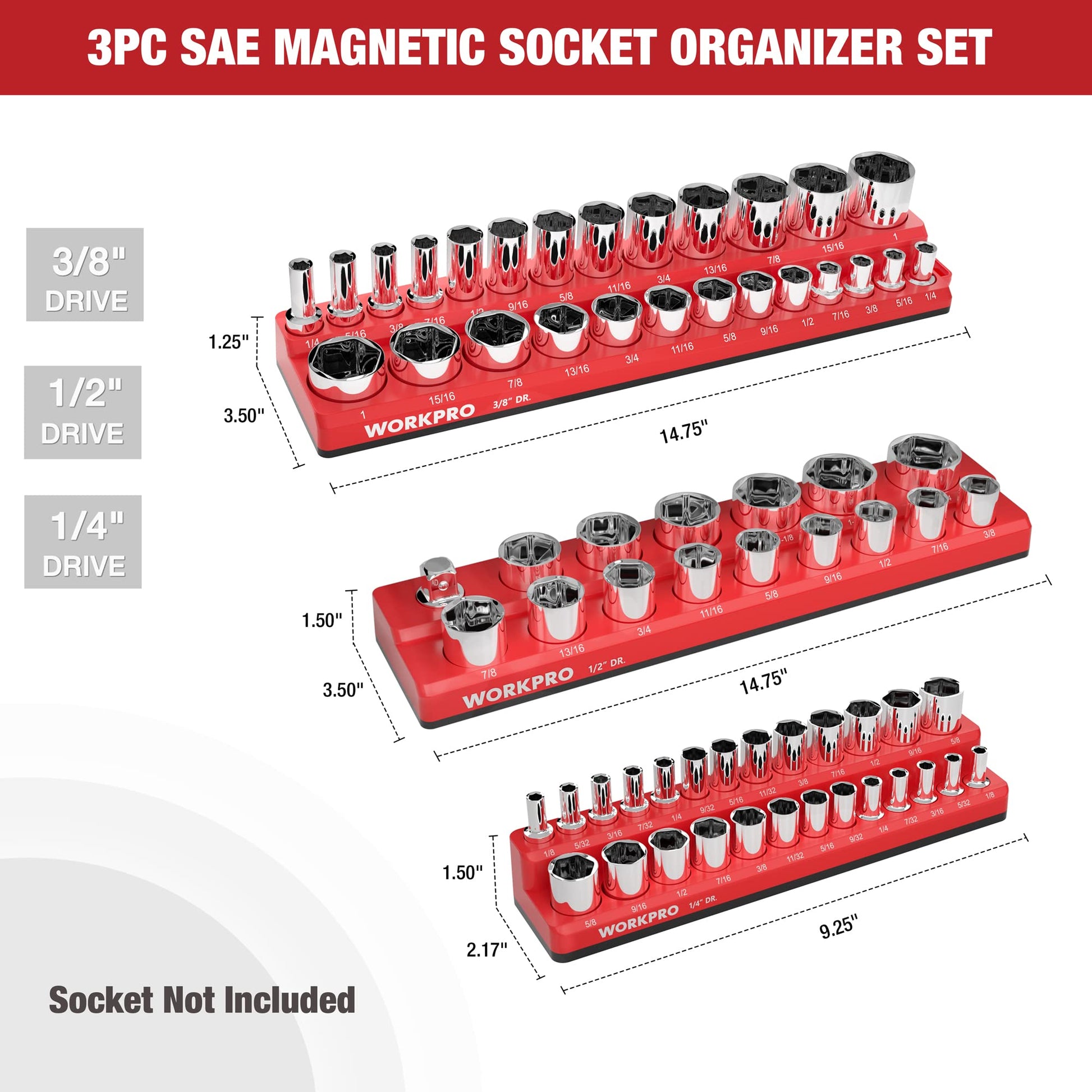 SAE magnetic socket organizer set with chrome sockets on red trays