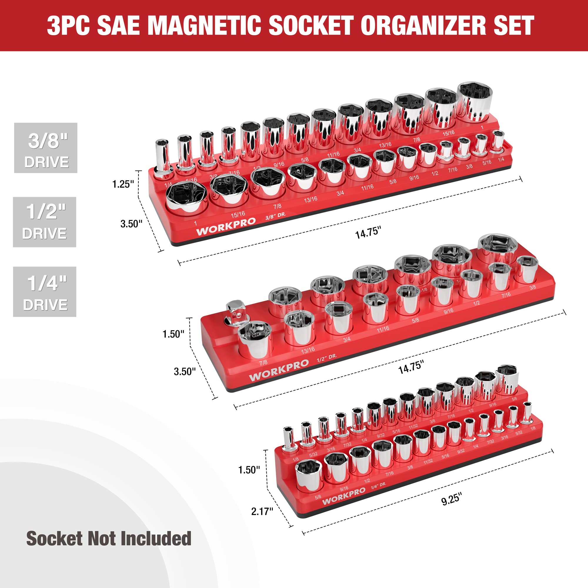 SAE magnetic socket organizer set with chrome sockets on red trays