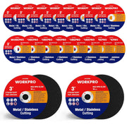 Pack of WORKPRO 3-inch cut-off wheels for metal and stainless, orange/blue labels