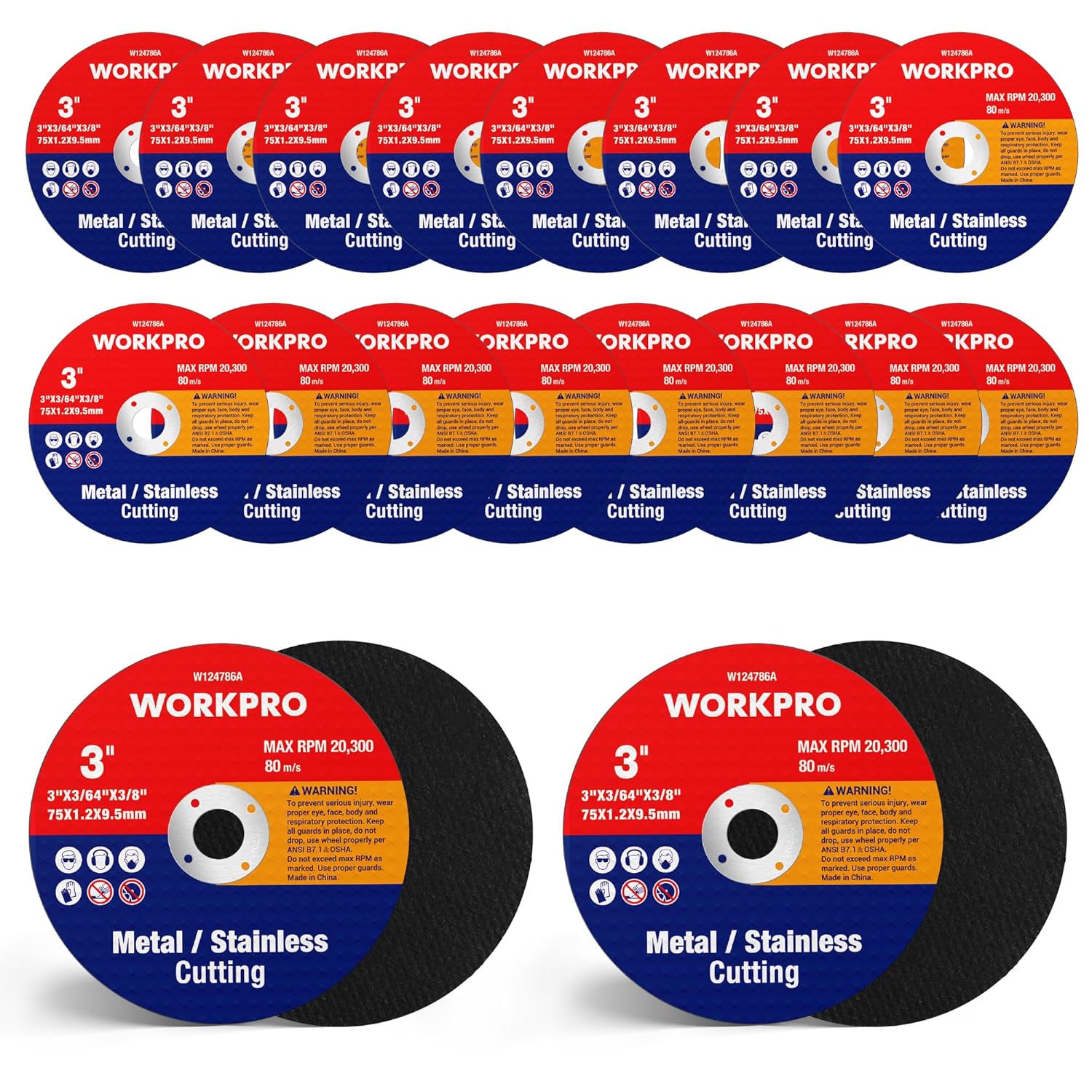 Pack of WORKPRO 3-inch cut-off wheels for metal and stainless, orange/blue labels