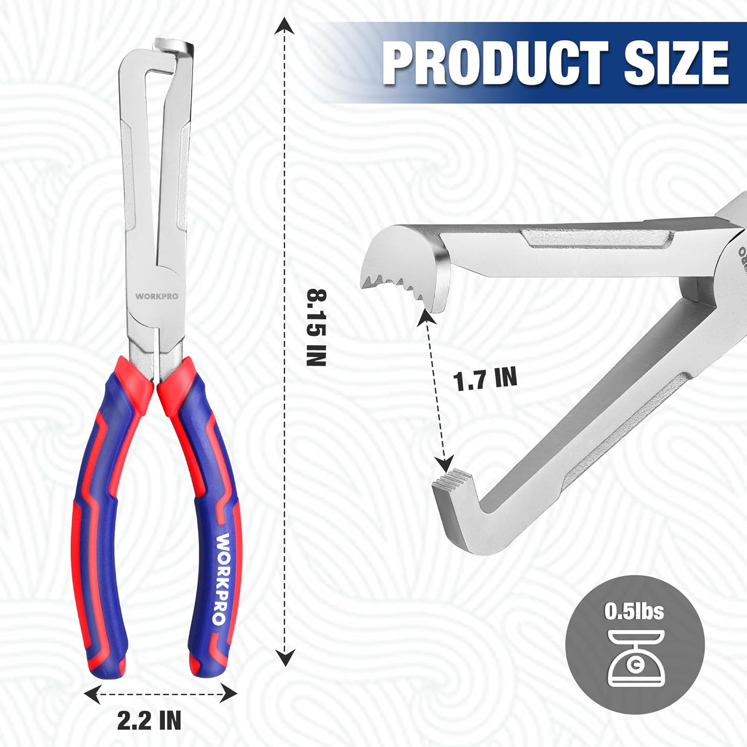 8 in electrical disconnect pliers with serrated jaws and red/blue ergonomic TPR handle