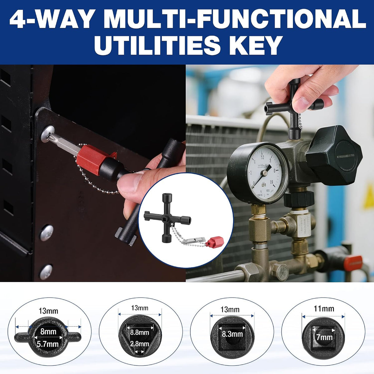 4-way multi-function utility key for valve and meter fittings with chain and red cap