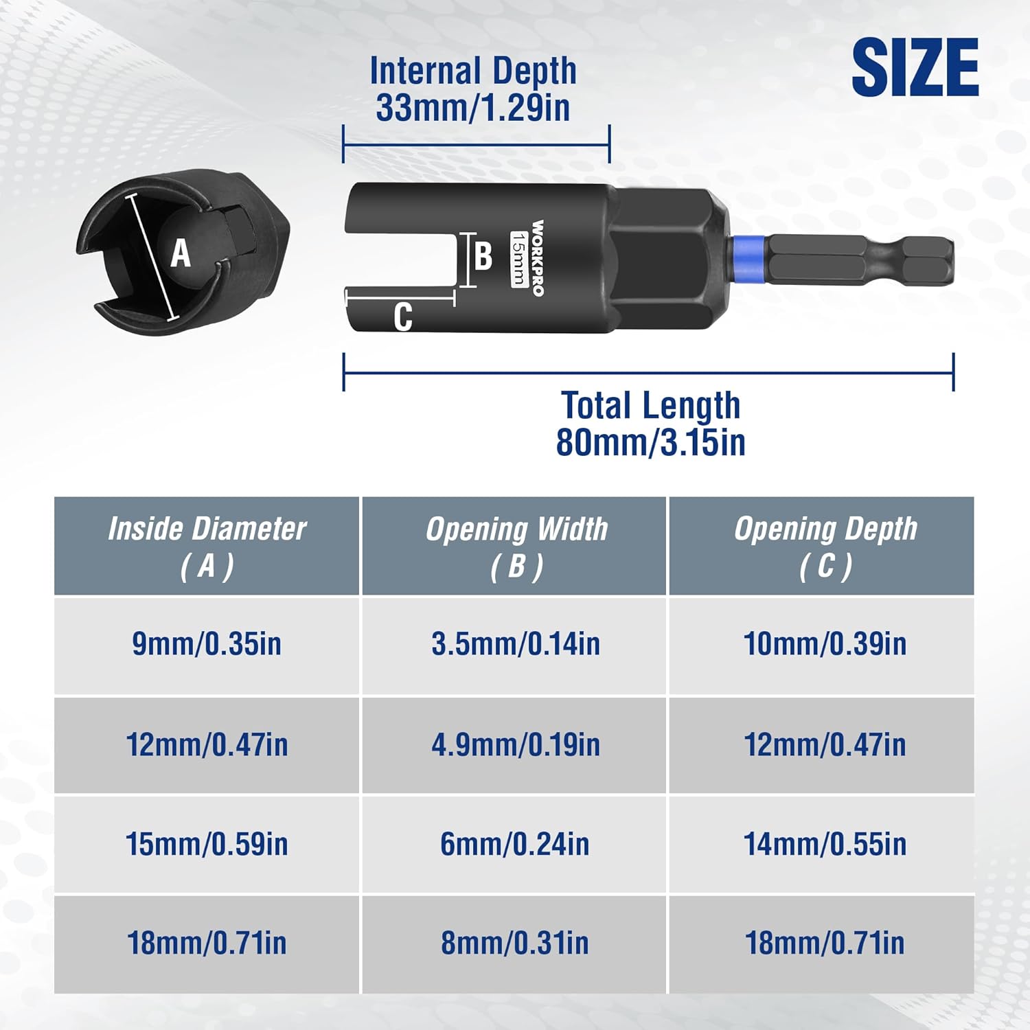 Black wing nut driver bit with internal depth and opening size measurements