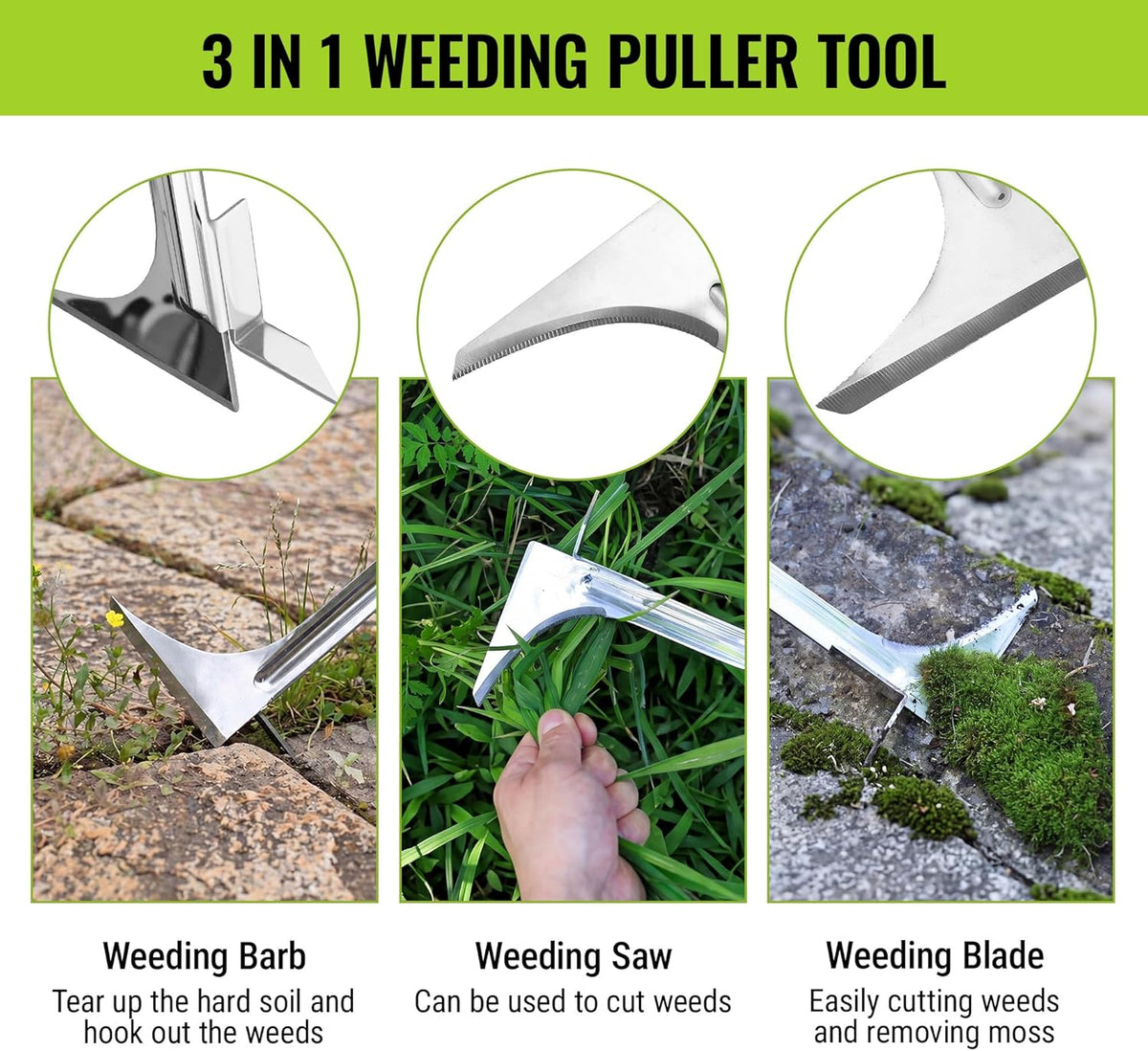 3-in-1 weeding puller tool with triangular blade, barbs, and flat edge scraper