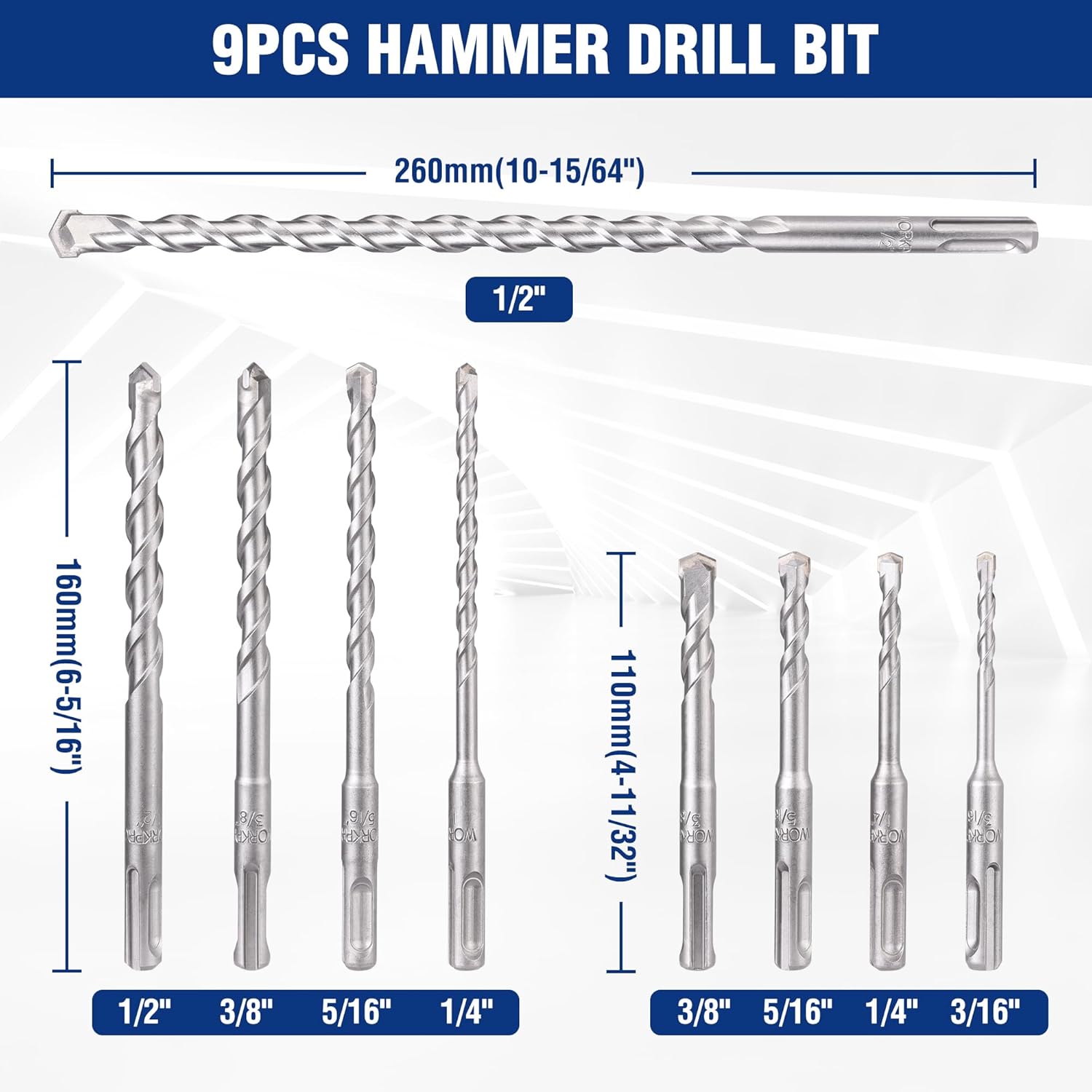 SDS-plus hammer drill bit set chart with 260mm bit sizes and 1/2 in shank