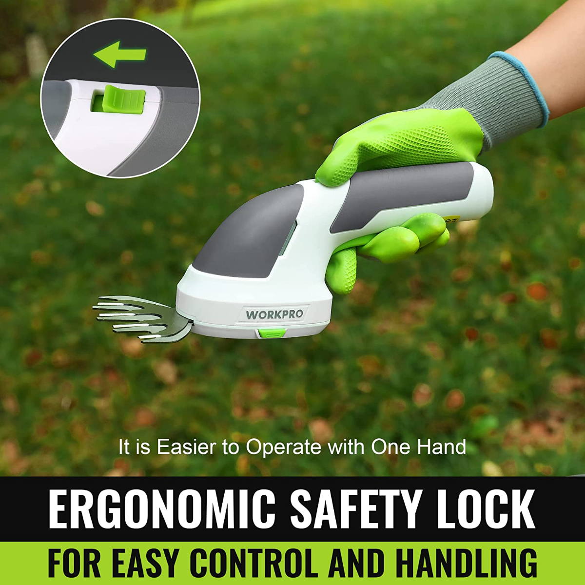 2-in-1 handheld electric trimmer, white/gray body with green handgrip, shrub blade