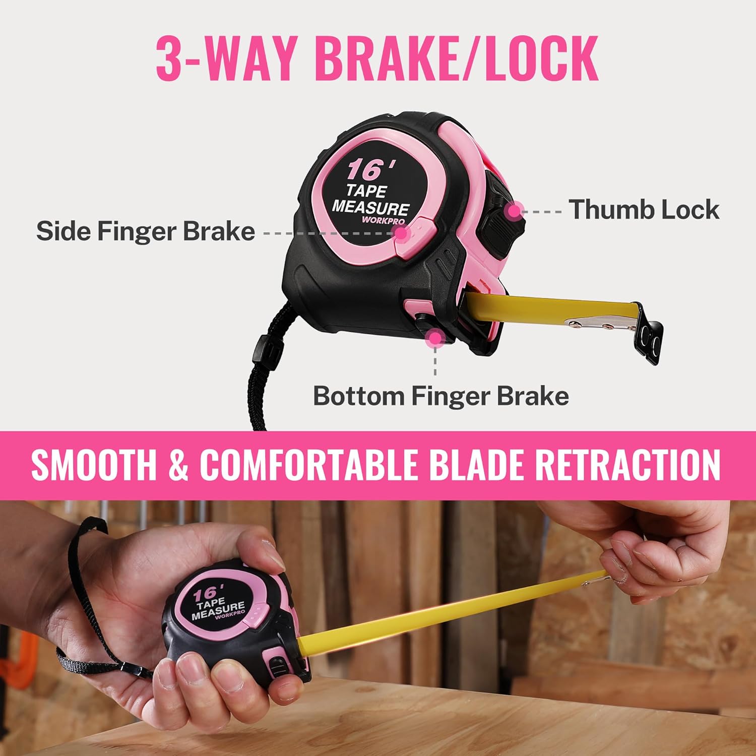 Pink and black tape measure with thumb lock and finger brake controls on retractable housing