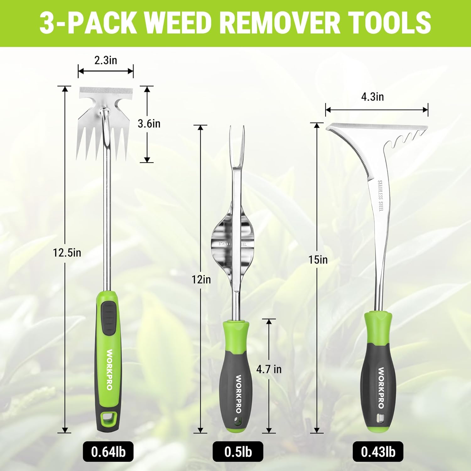 3-pack weed remover tools with stainless heads and green-and-gray grips
