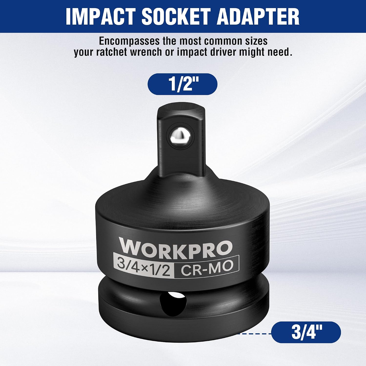 Black WORKPRO impact socket adapter, 3/4 in to 1/2 in, CR-MO steel reducer