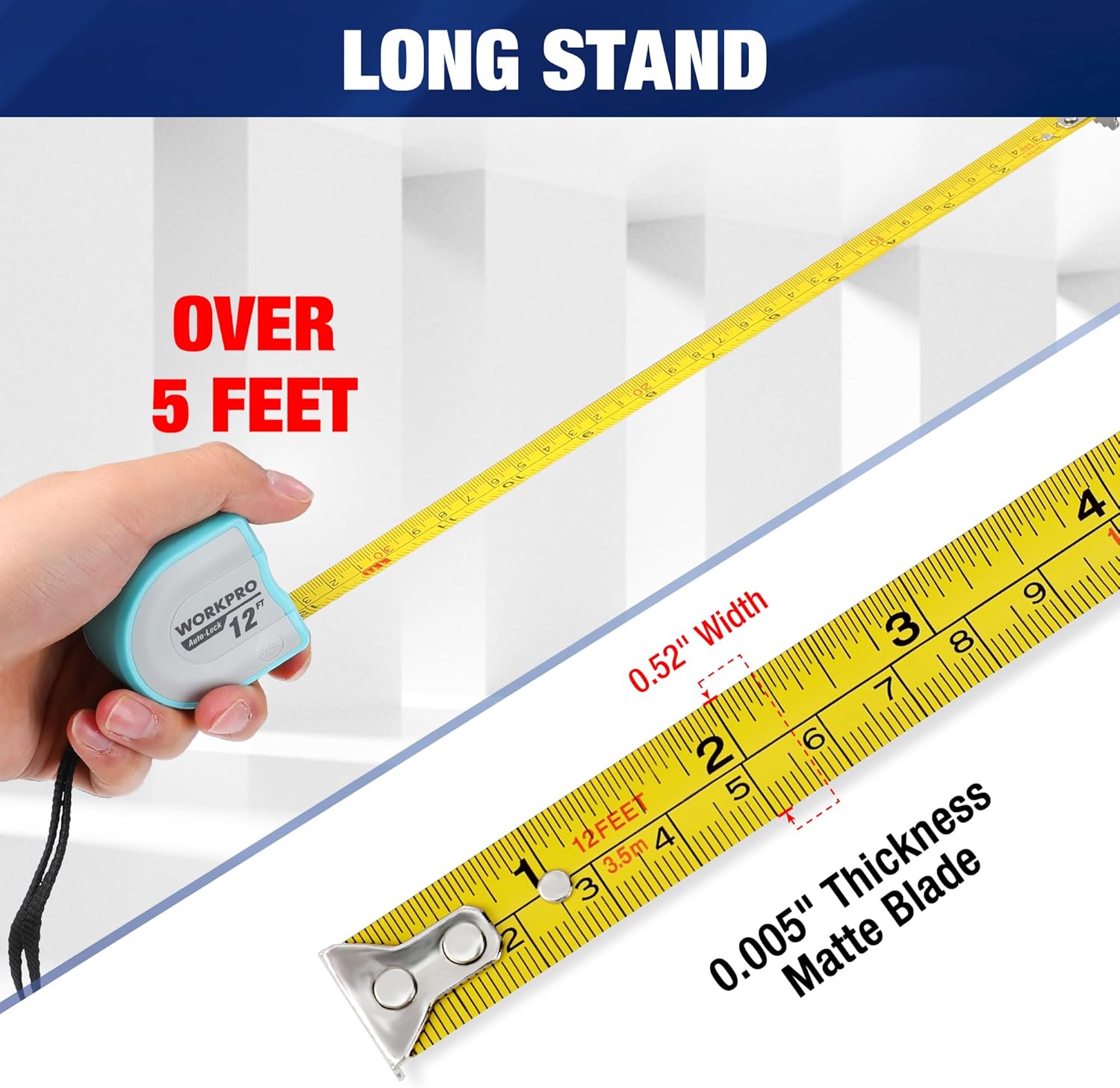 Turquoise mini tape measure with inch/metric blade, wrist strap and auto-lock case