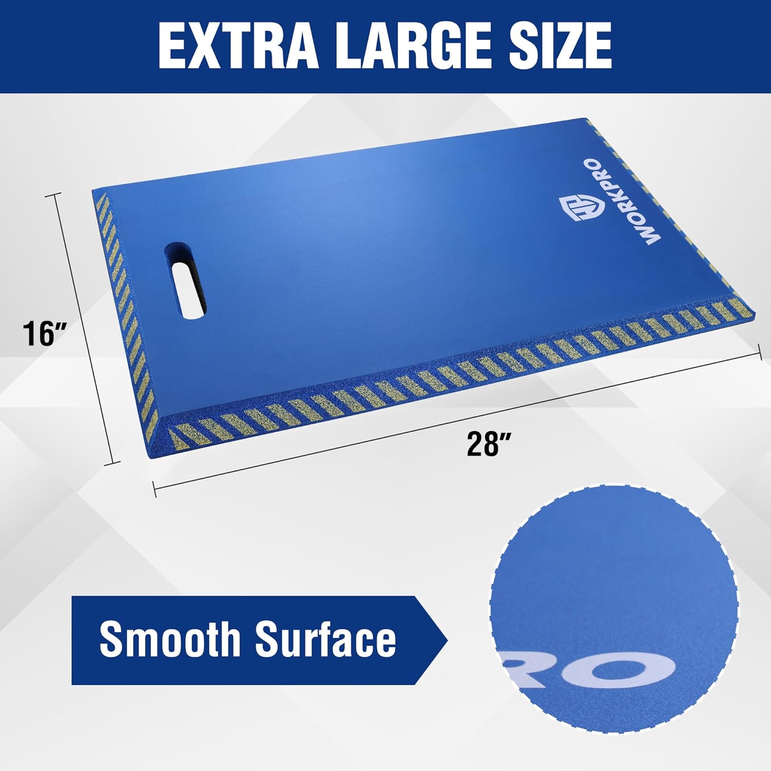 Extra large blue kneeling pad, 28 x 16 in, carry hole and yellow non-slip edge.