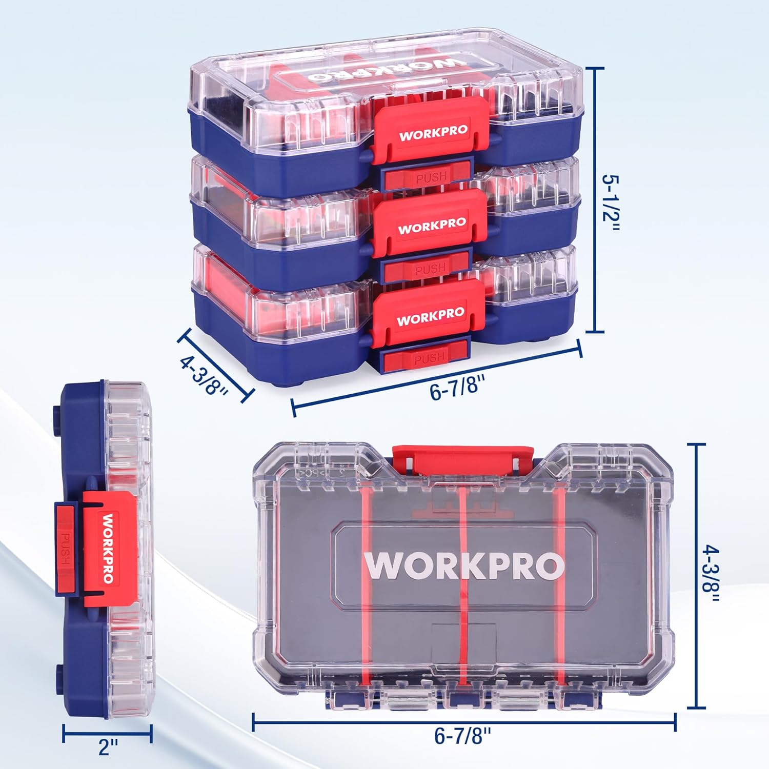 Stackable small parts organizer case set with clear lid and blue/red snap locks