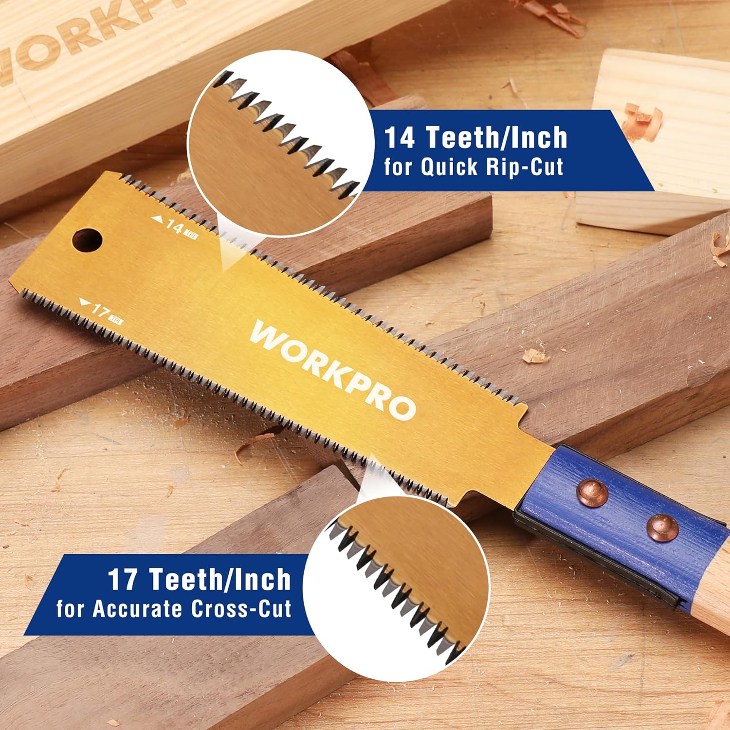 Japanese pull saw with SK5 blade and blue beech handle, fine teeth for quick rip cuts
