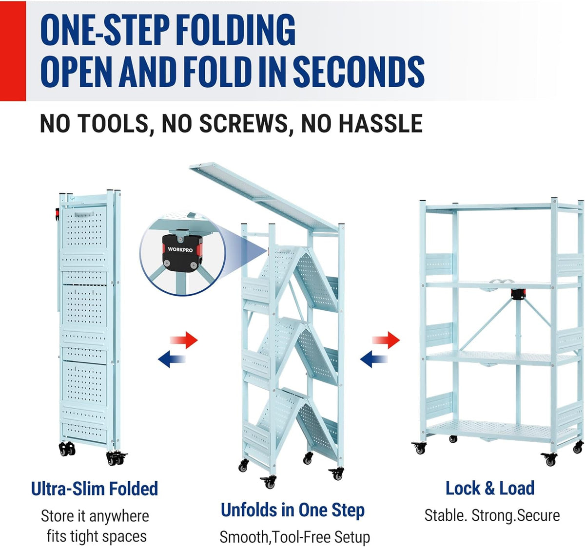 Blue 4-tier folding storage rack, open and locked with rolling casters