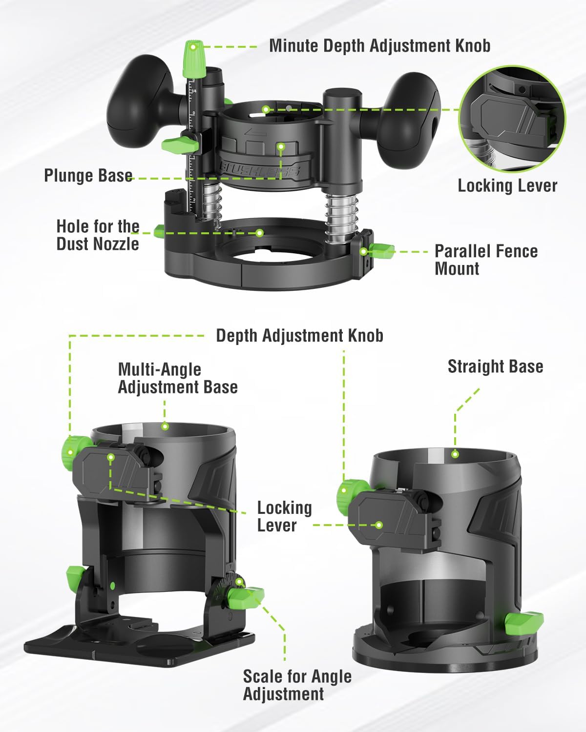Cordless compact router tool showing plunge base, multi-angle adjustment, and locking levers
