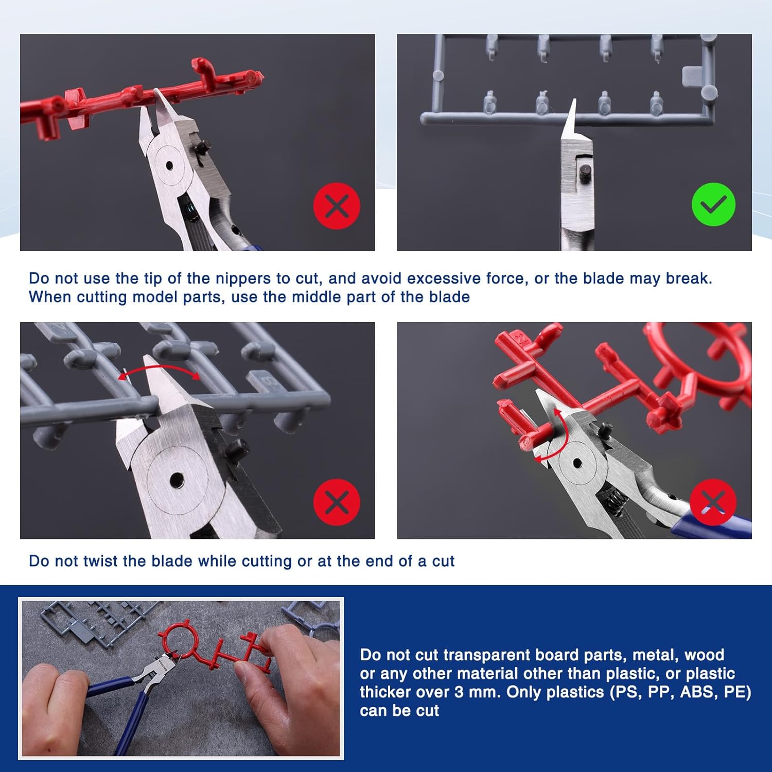 WORKPRO nippers shown in use with safe cutting guidance for model parts