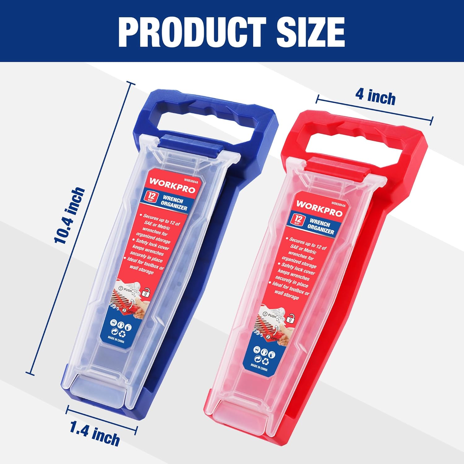 2-piece plastic wrench organizer set with red and blue lock-cover trays