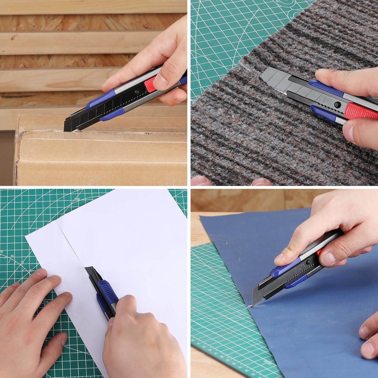 Retractable utility knife with blue handle and extended blade cutting cardboard