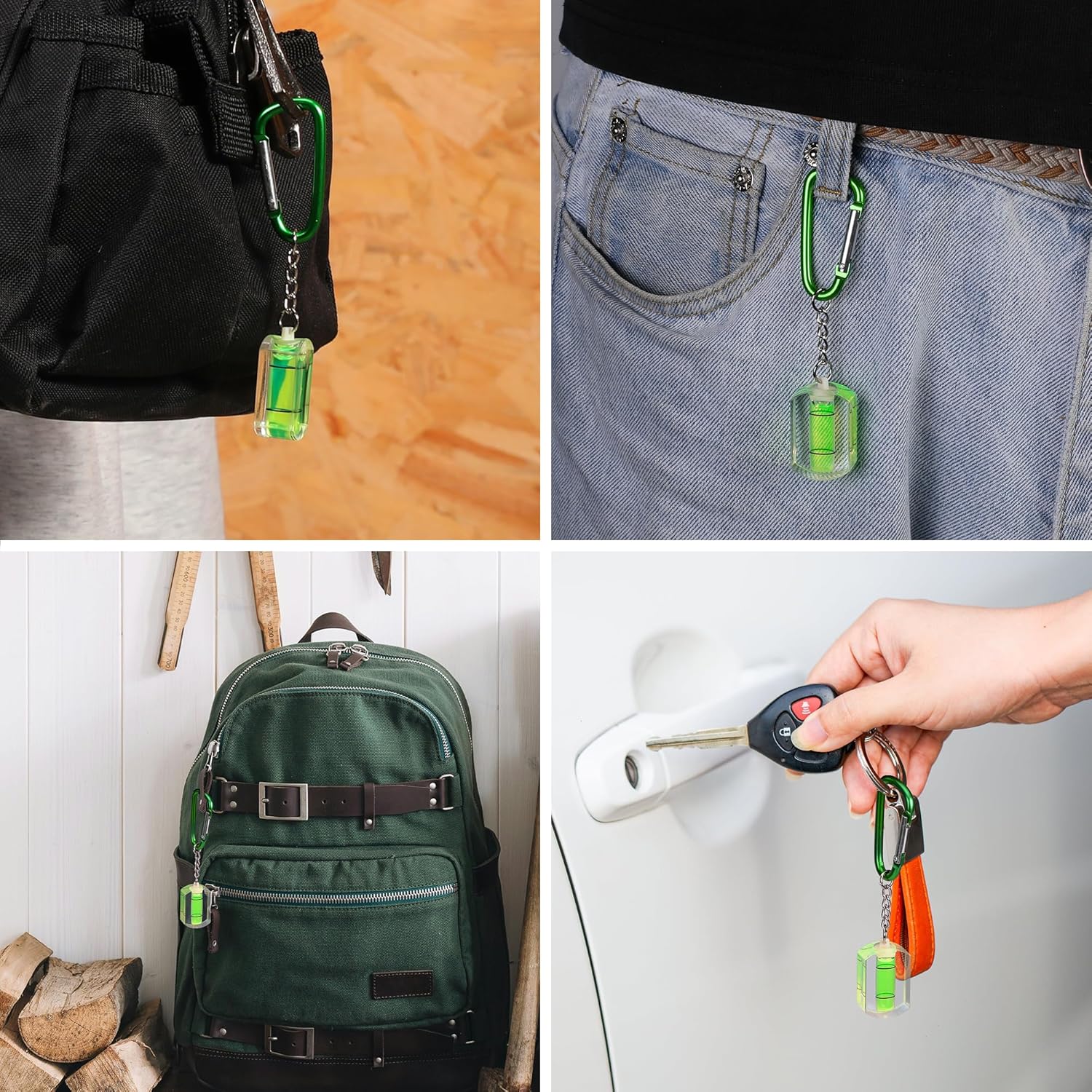 Mini bubble level keychain clipped to bag zipper and jeans pocket loop