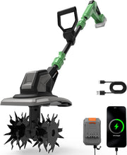 Cordless electric garden rototiller with green handle and black tilling head, side view