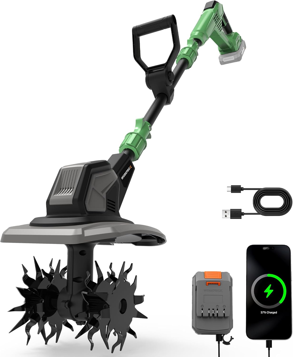 Cordless electric garden rototiller with green handle and black tilling head, side view