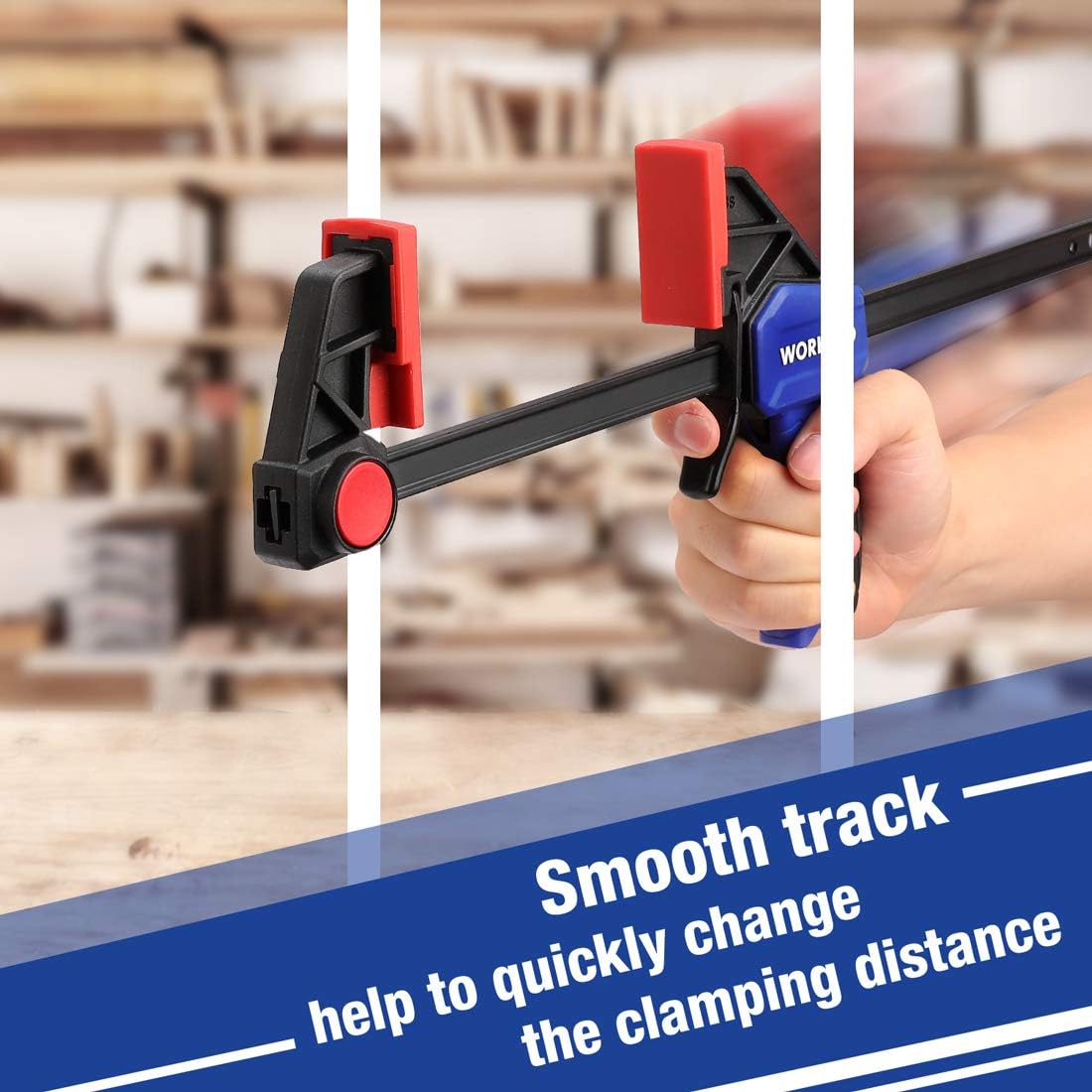 WORKPRO mini bar clamp held on a plank with blue handle and red jaw