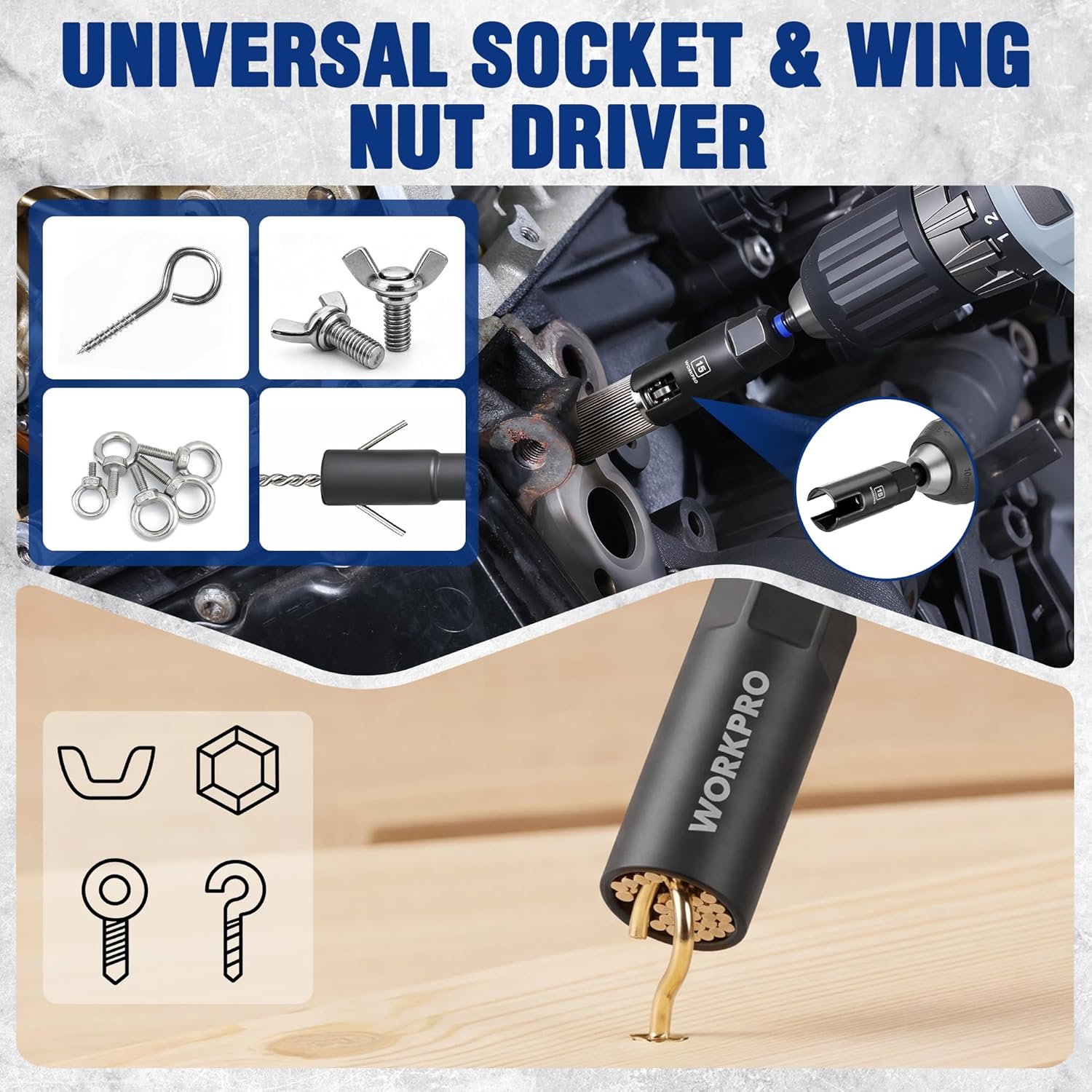Universal socket and wing nut driver adapter for fastening in tight spaces