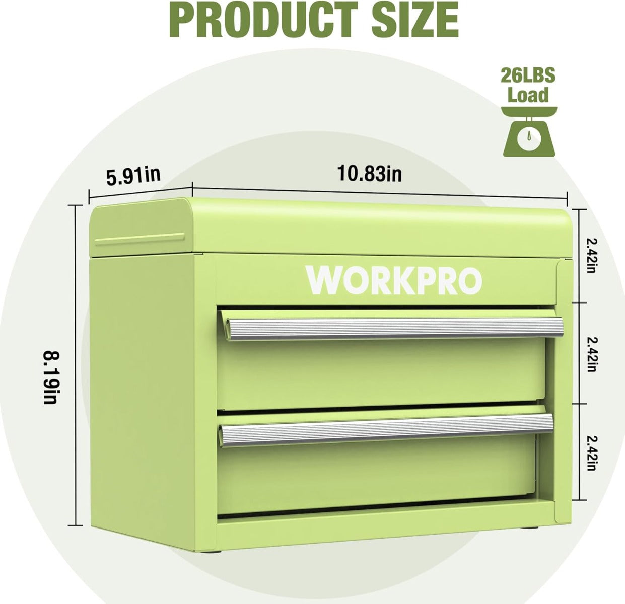 Light green WORKPRO mini metal tool box with two drawers, front view with size diagram