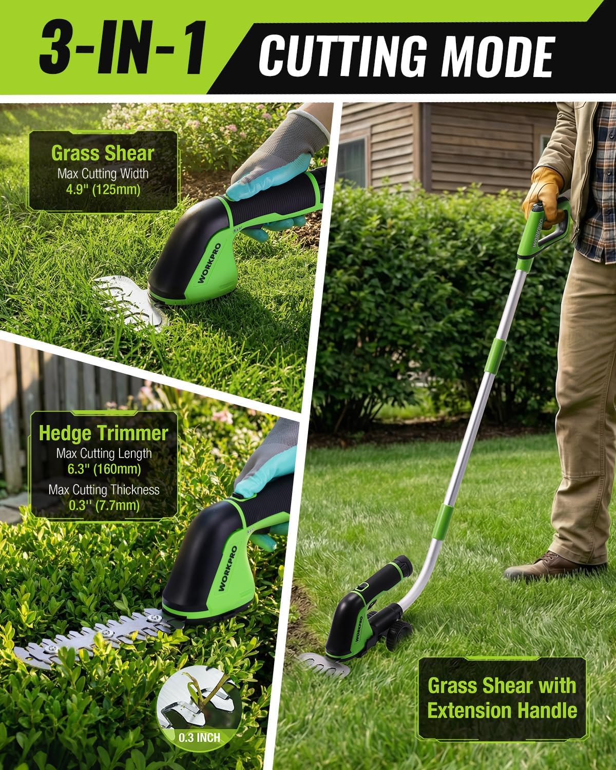 Cordless grass shear/hedge trimmer with green handheld head and silver extension pole