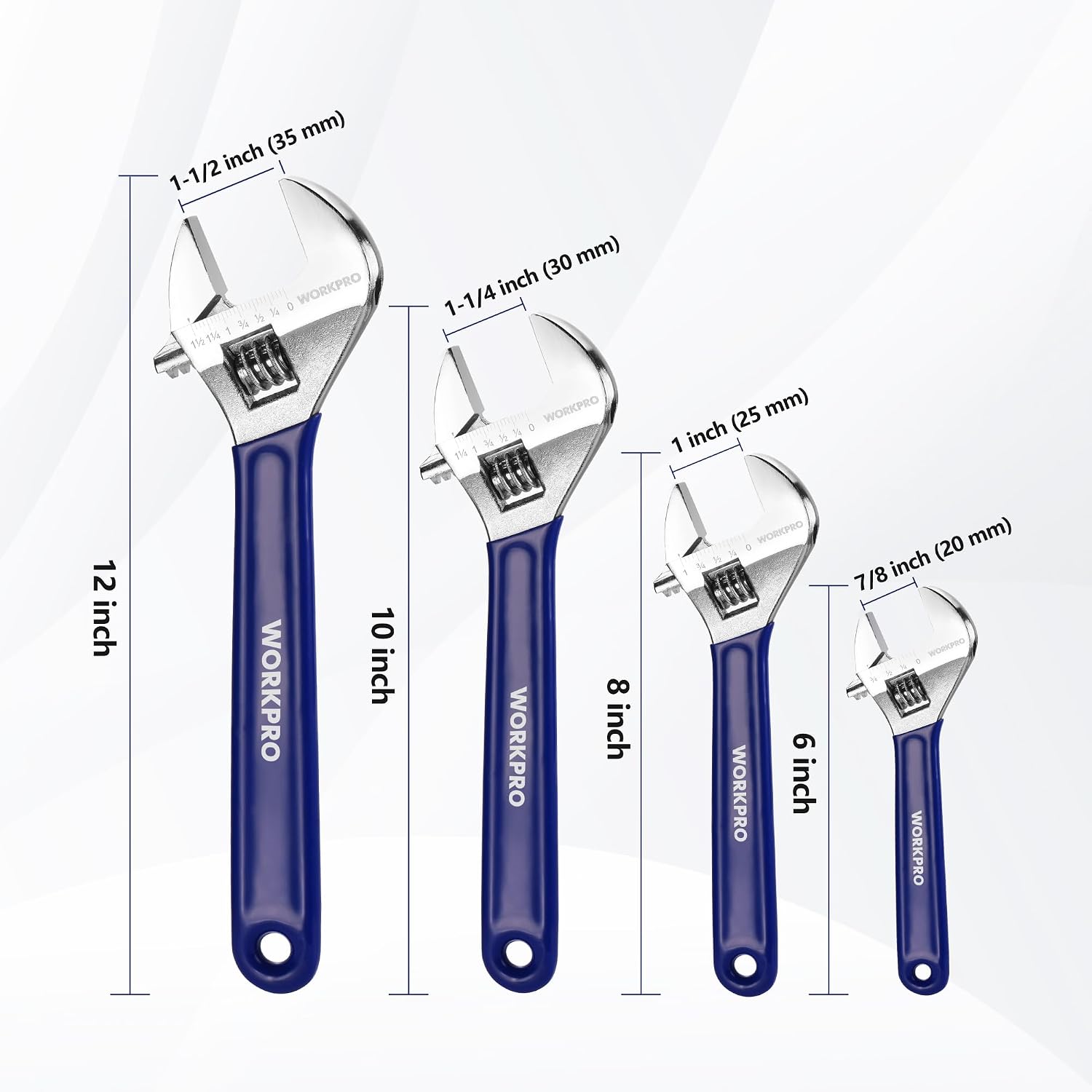Adjustable wide-jaw wrench set with blue rubber grip and dual SAE/metric scales.