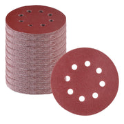 Stack of red-brown 5-inch sanding discs with 8 hook-and-loop holes