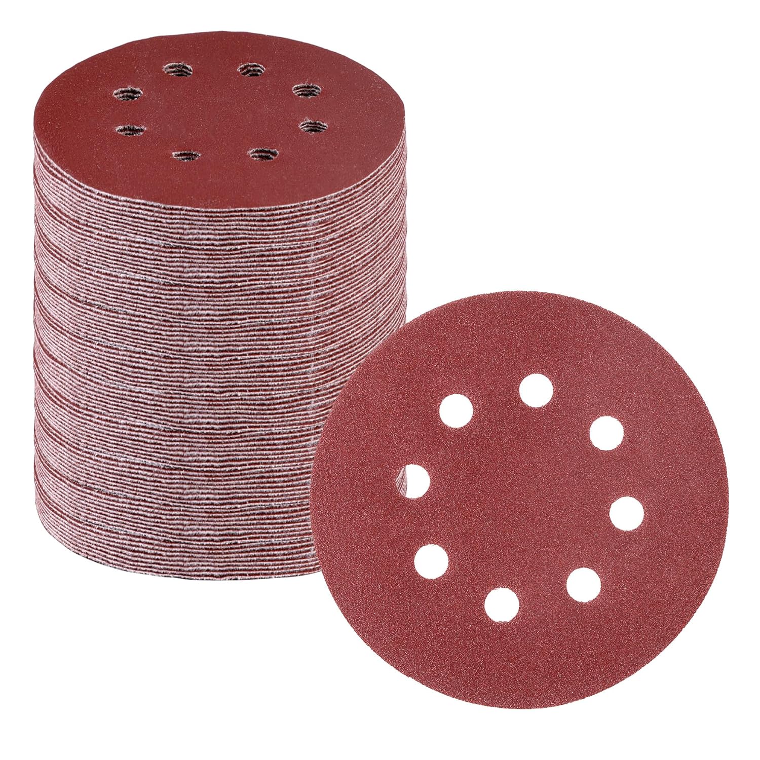 Stack of red-brown 5-inch sanding discs with 8 hook-and-loop holes