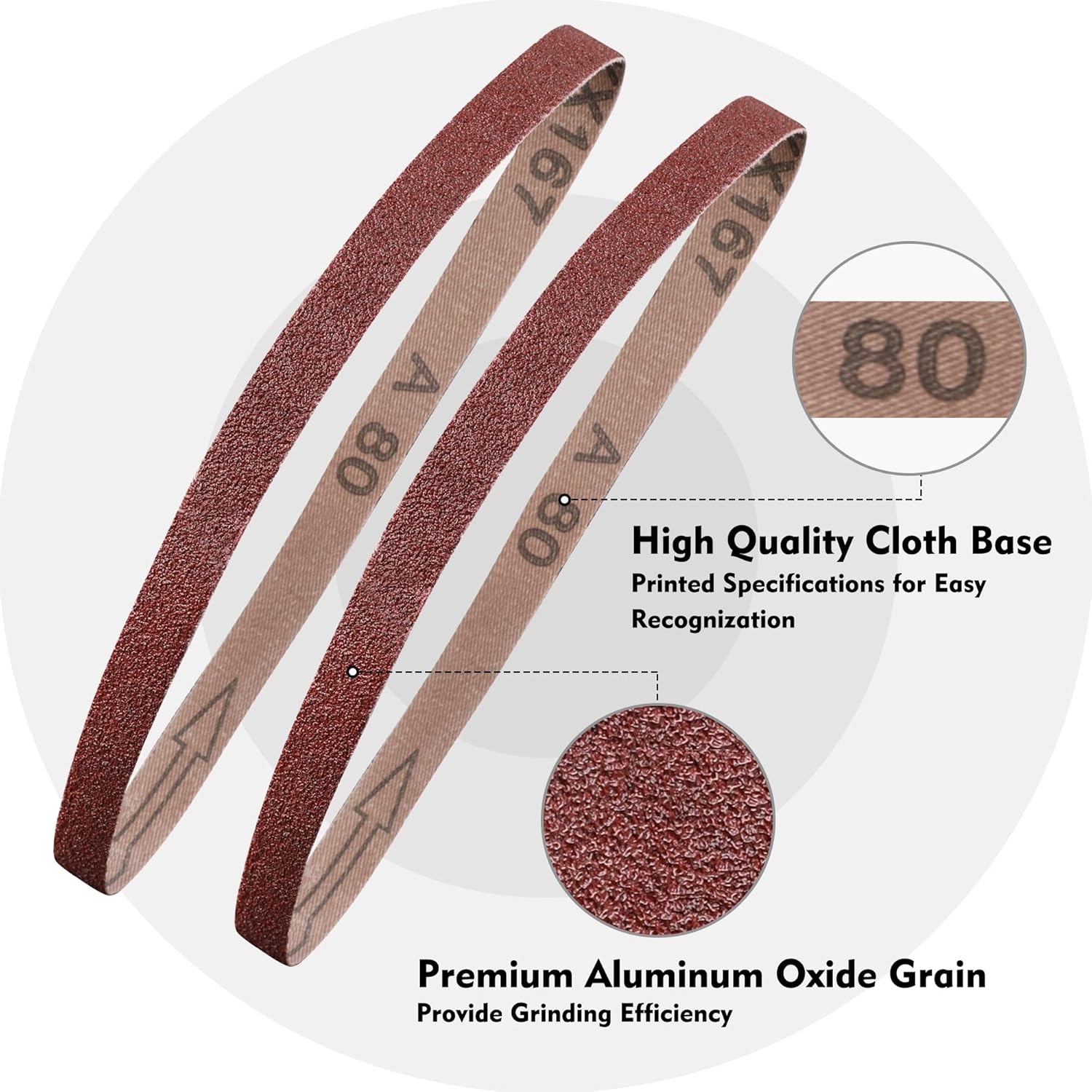 Red sanding belts with premium aluminum oxide grain and printed 80 grit marking