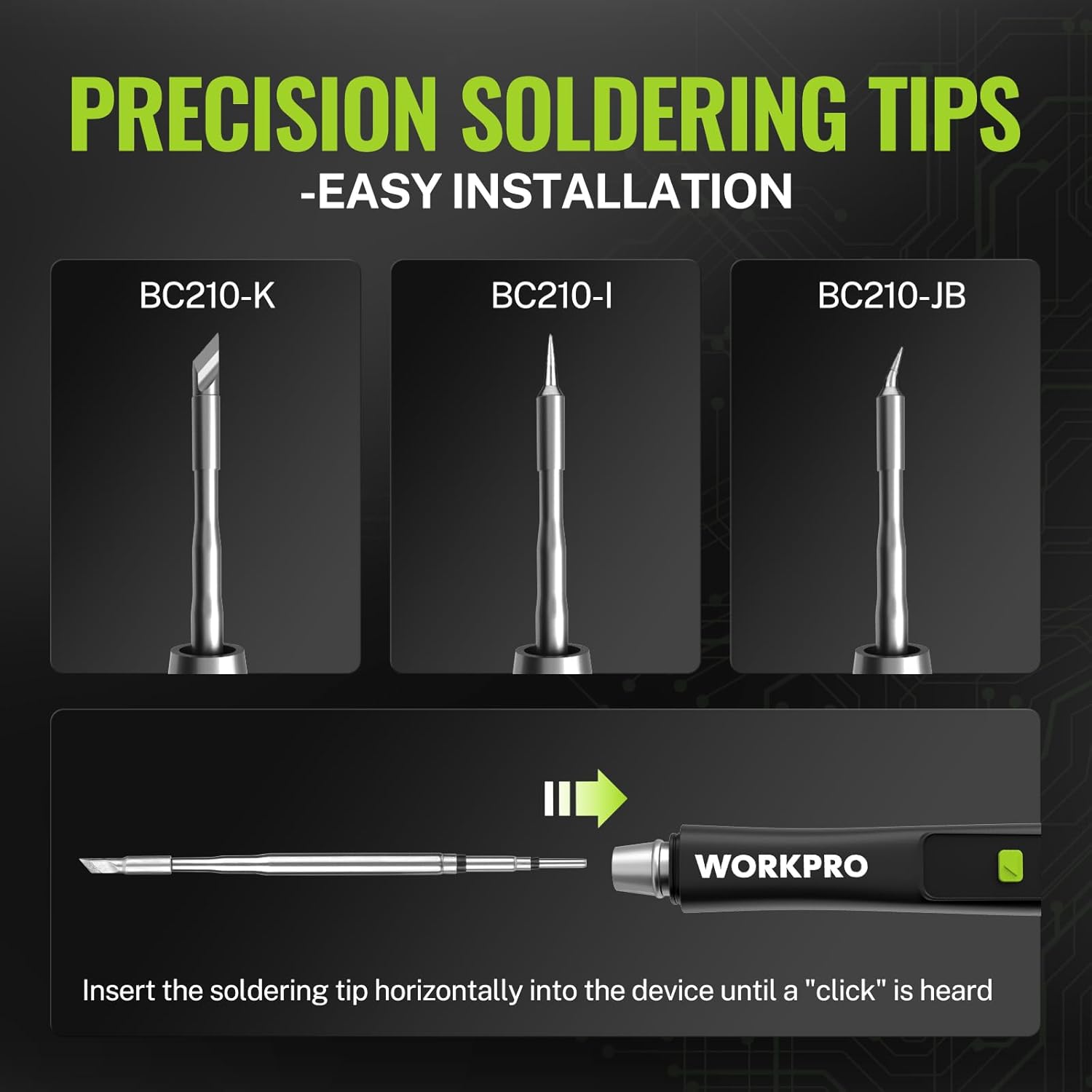 Soldering iron kit with three precision soldering tips and black handle