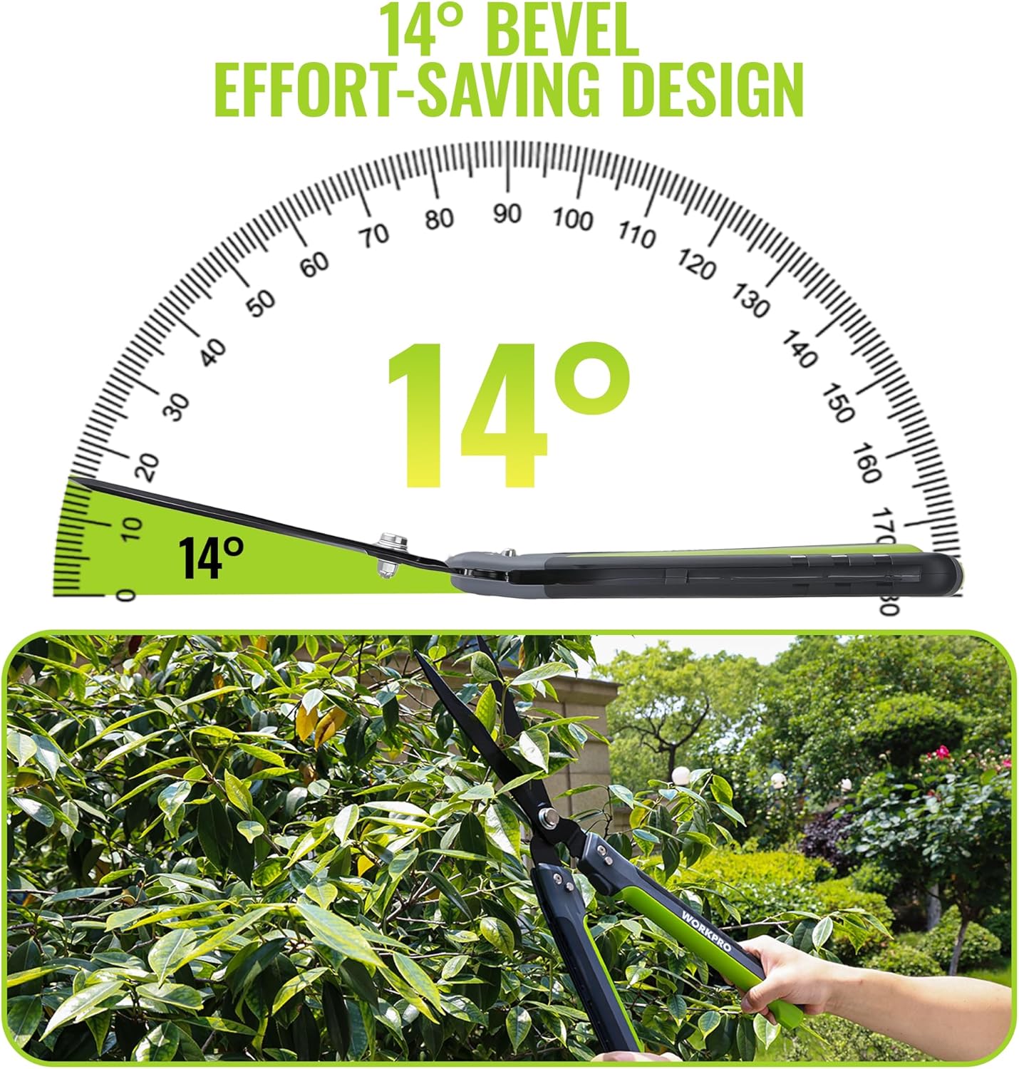 Hedge shears with black wavy blade and 14° bevel cutting edge