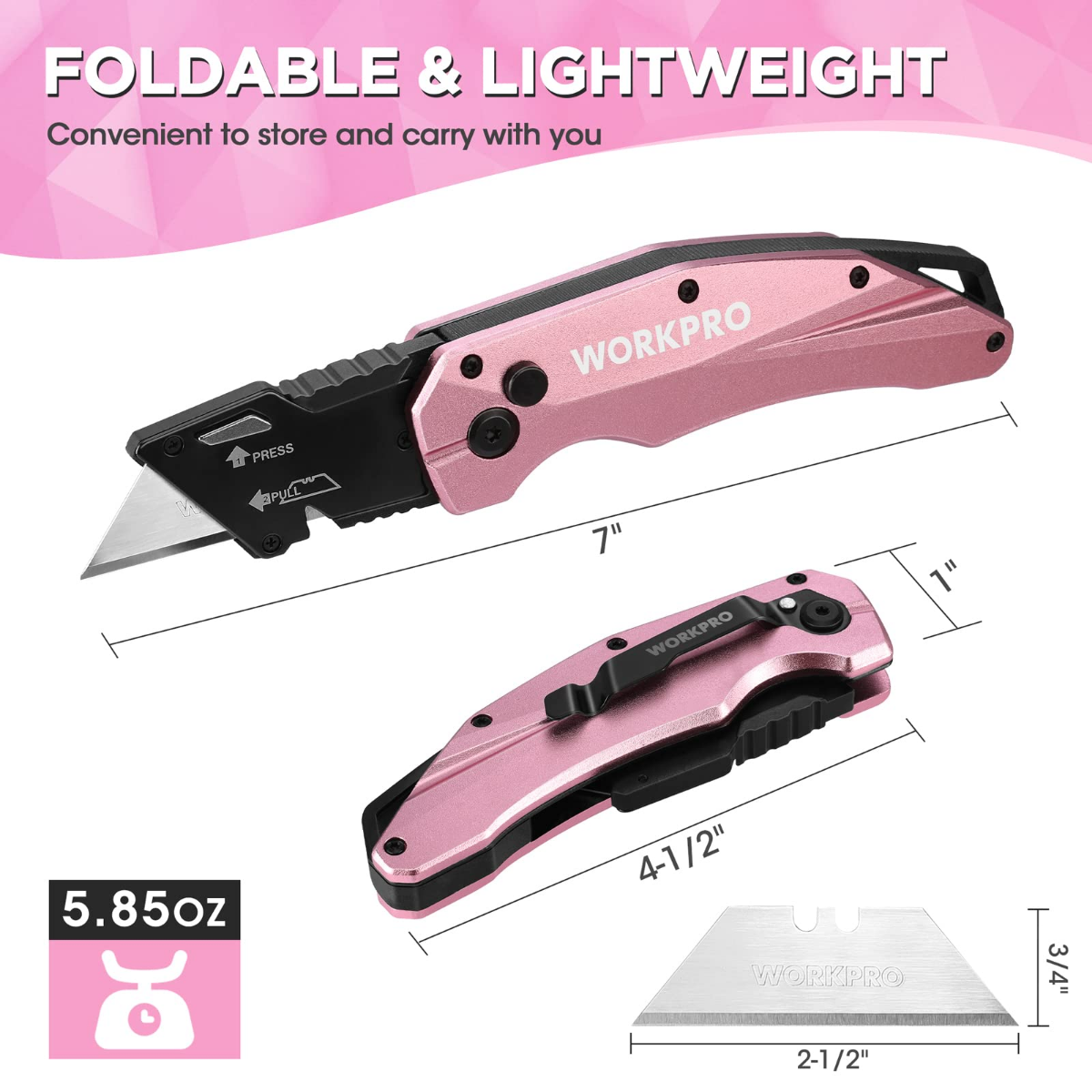 Pink folding utility knife with extended blade and visible size dimensions