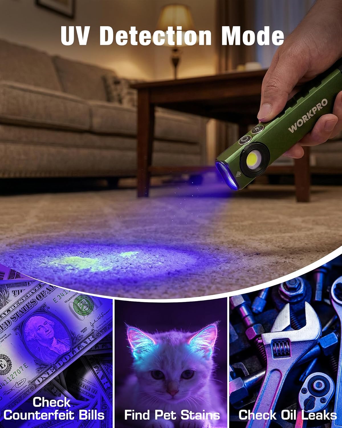 Green rechargeable flashlight projecting blue UV light, hand holding for detection