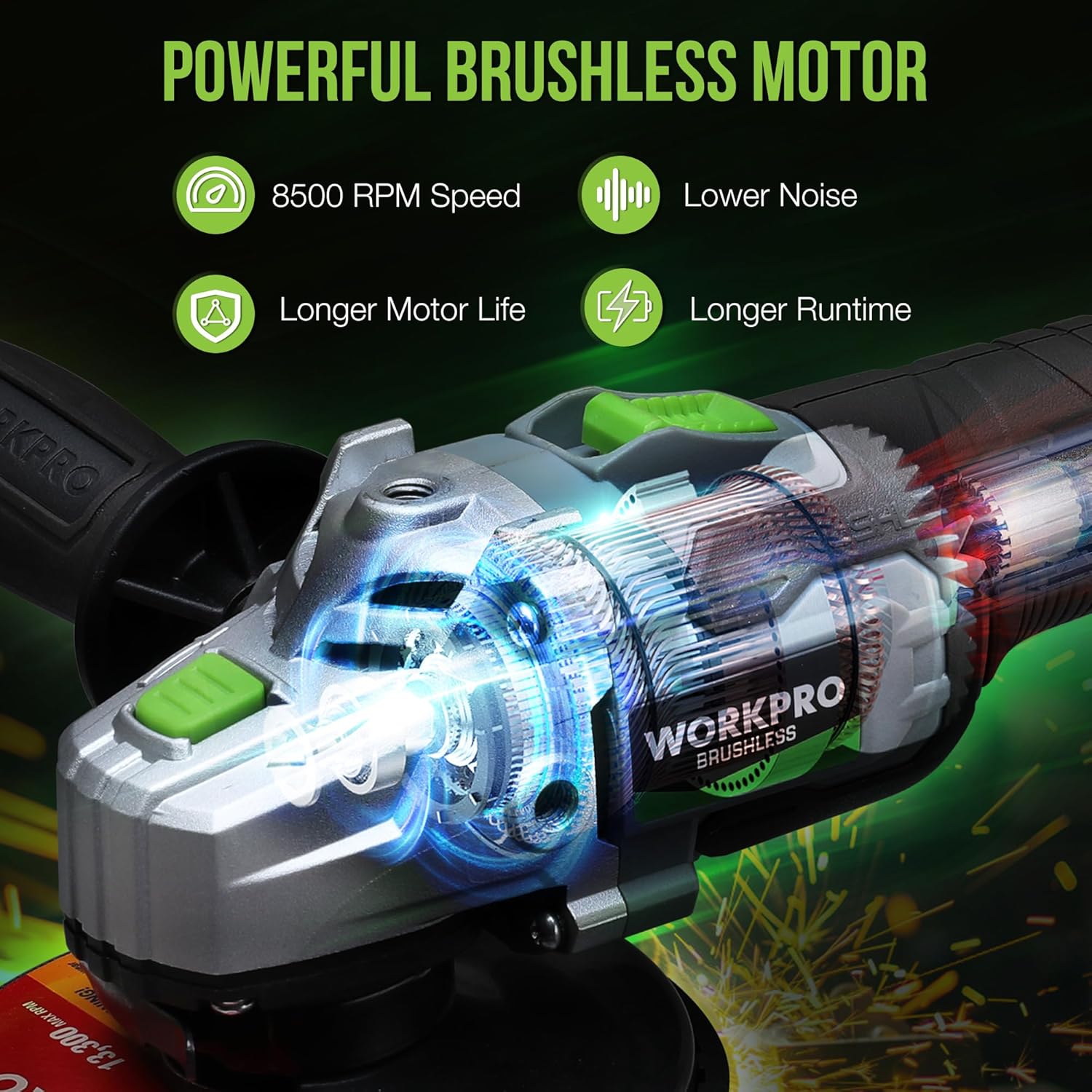 WORKPRO cordless angle grinder with black handle, wheel guard, and motor housing detail