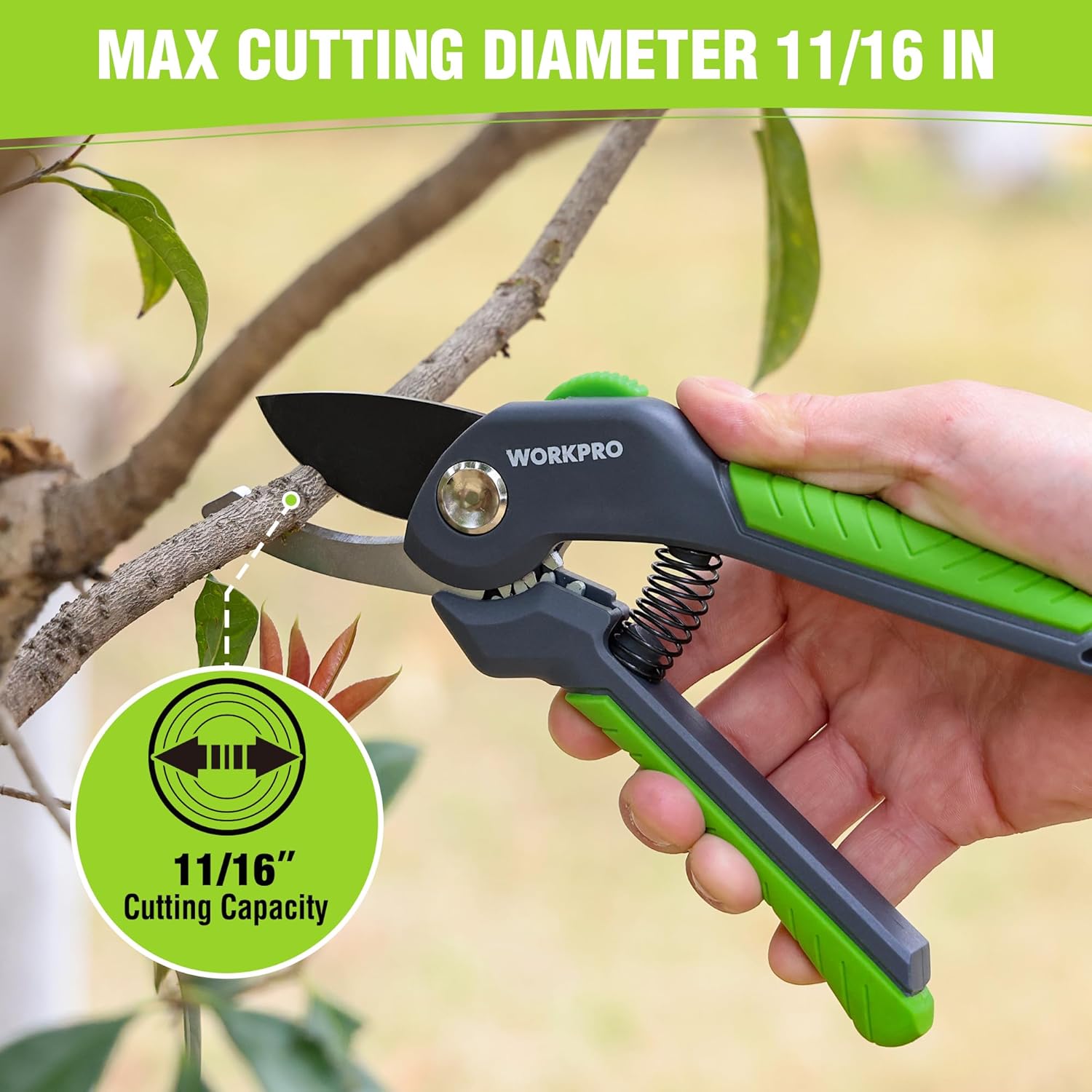 WORKPRO bypass pruning shears with green ergonomic handle and black cutting blades for branches