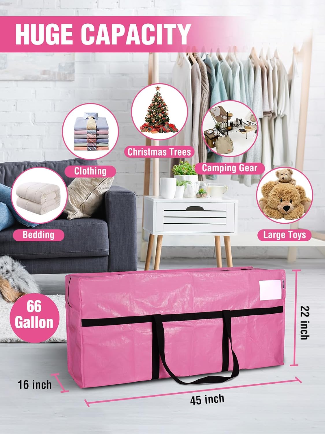 Pink 66-gallon storage tote bag with black straps and carry handles, wide rectangle