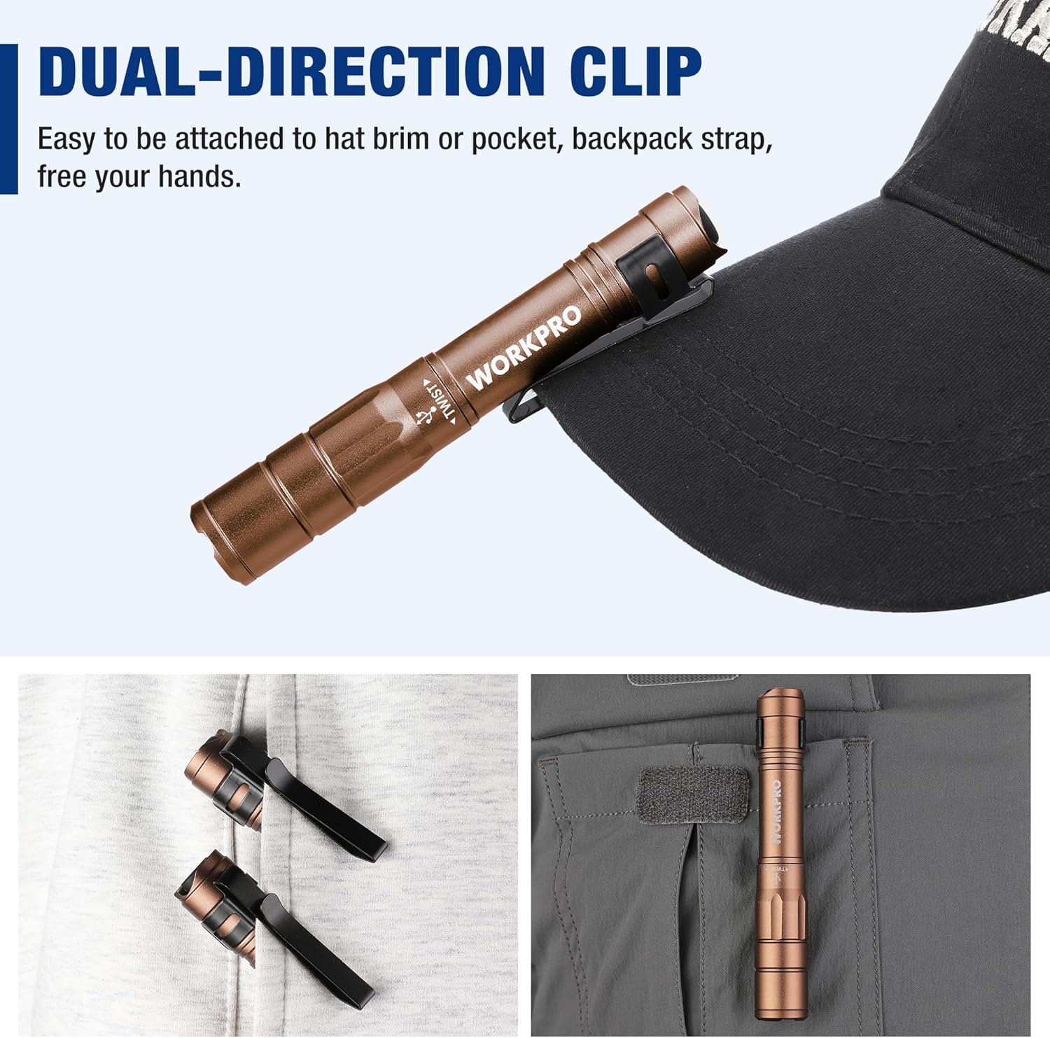 Brown rechargeable pen light with dual-direction clip attached to hat brim