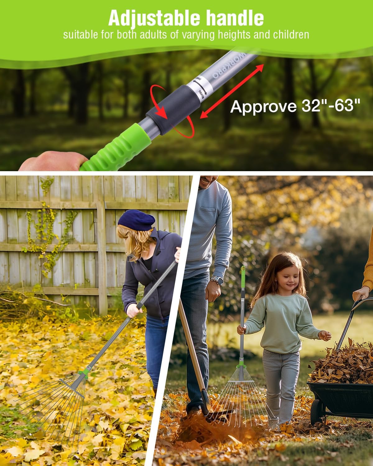 Telescopic leaf rake with green grip and metal shaft, wide steel tine head