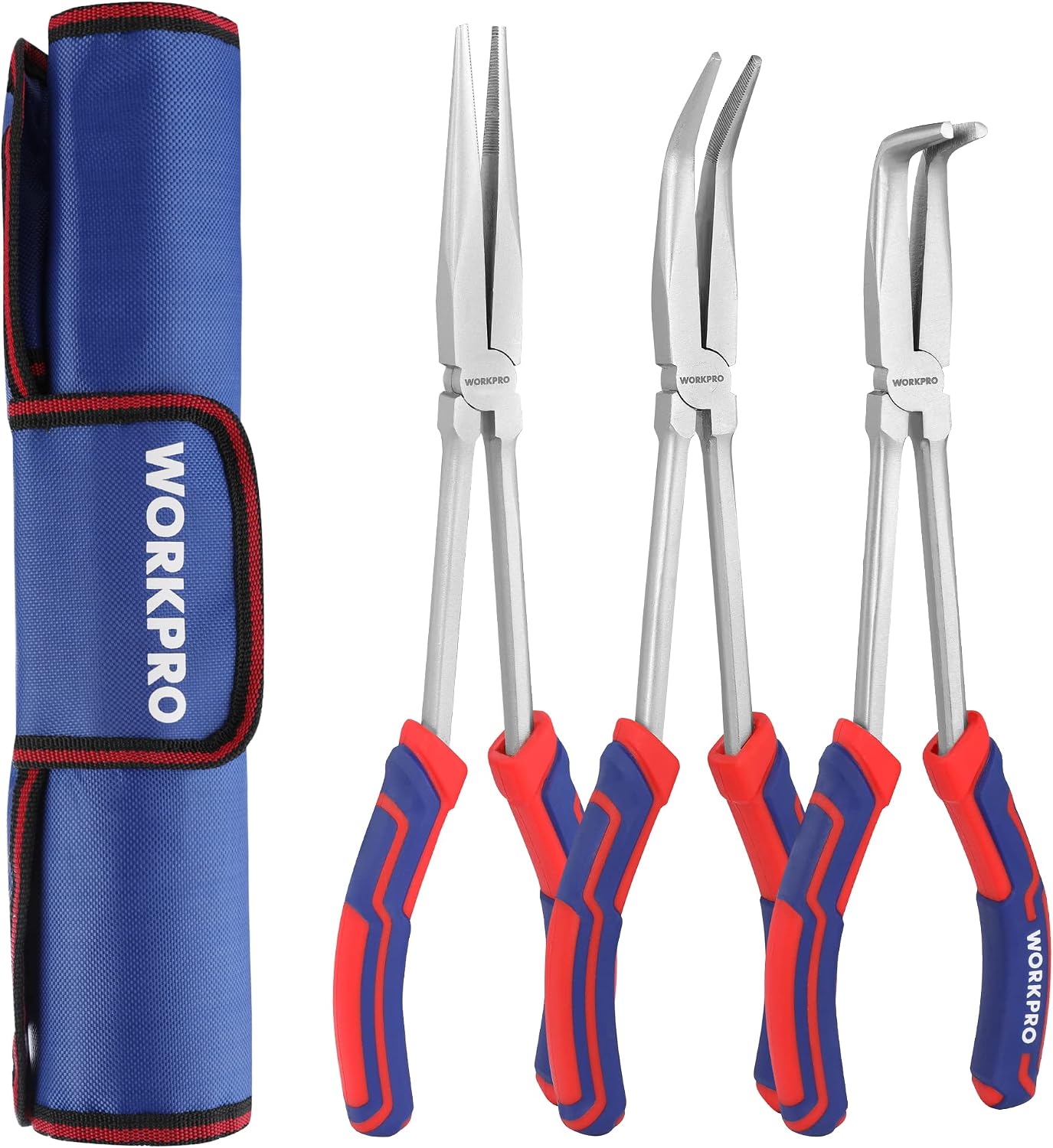 WORKPRO 3PC Long Reach Pliers Set, 11'' Straight, 90° & 45° Bent Nose Plier | Extra Long Needle Nose Plier Set For Narrow Spaces