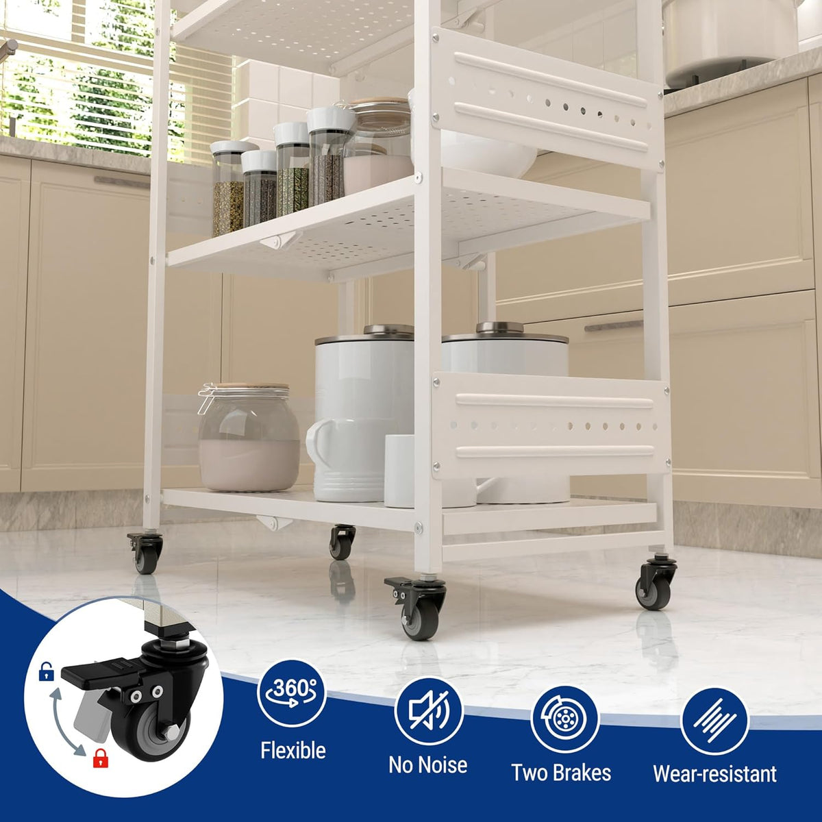White vented metal shelves on folding rack with rolling casters, close-up of compartments.