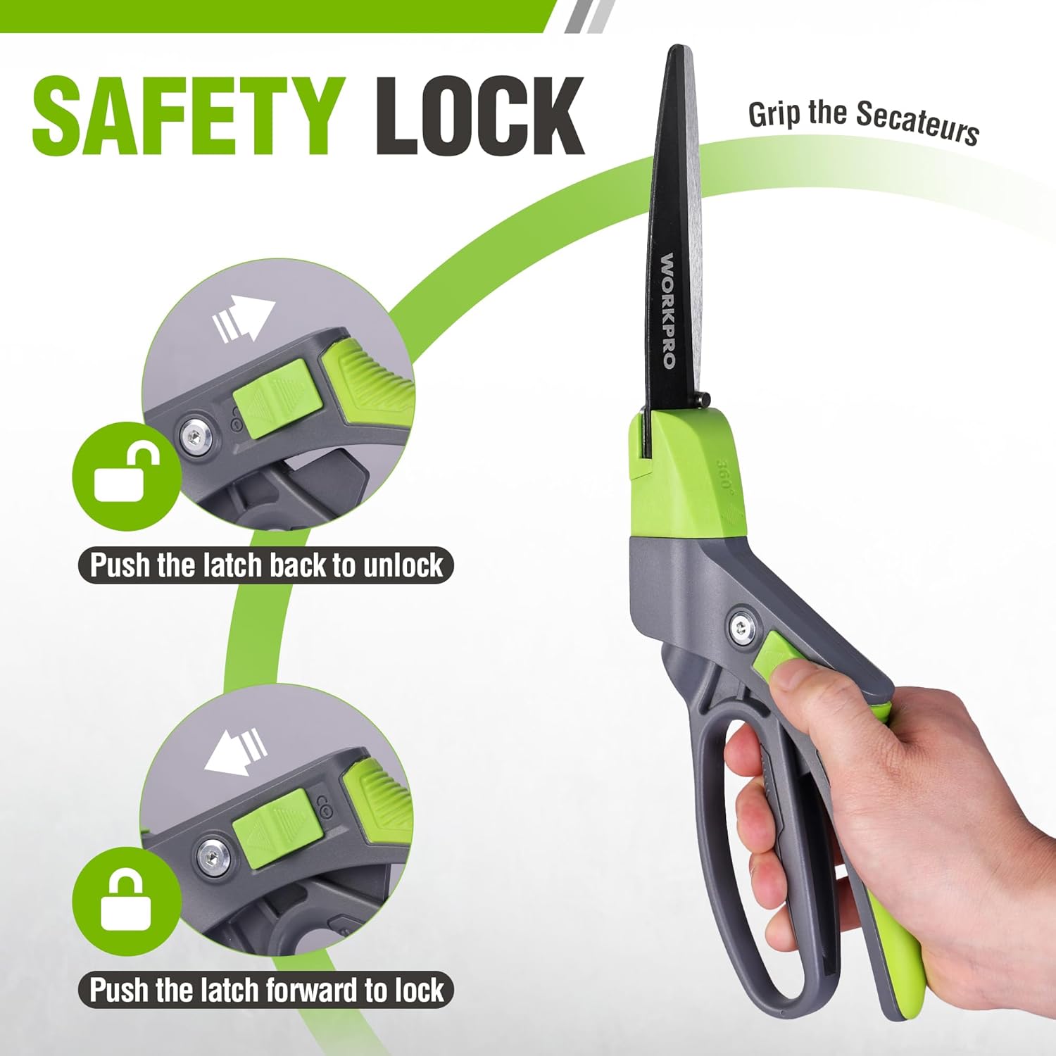 WORKPRO grass clippers with safety lock on handle and hand grip