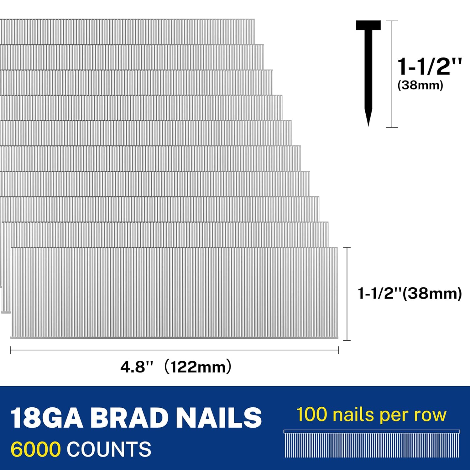 18GA 1-1/2 in brad nails length diagram with stacked nail strip bundle