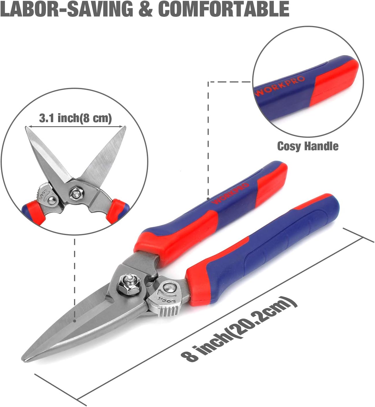 Folding utility shears with comfort handle, gray blades, blue/red grips and size marking