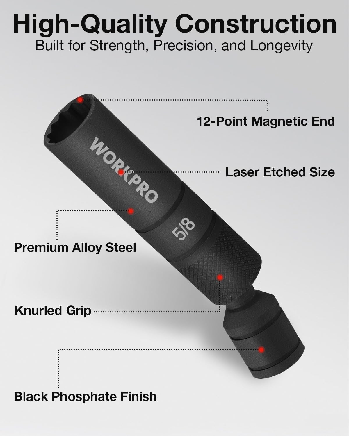WORKPRO 5/8 in magnetic 12-point spark plug socket with knurled grip, black finish