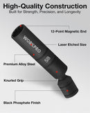 WORKPRO 5/8" Swivel Magnetic Spark Plug Socket 12-Point, 1mm Thin Wall, 360 Swivel, 3/8" Drive x 4", Black Phosphate Finish, Anti-Slip Knurled Grip