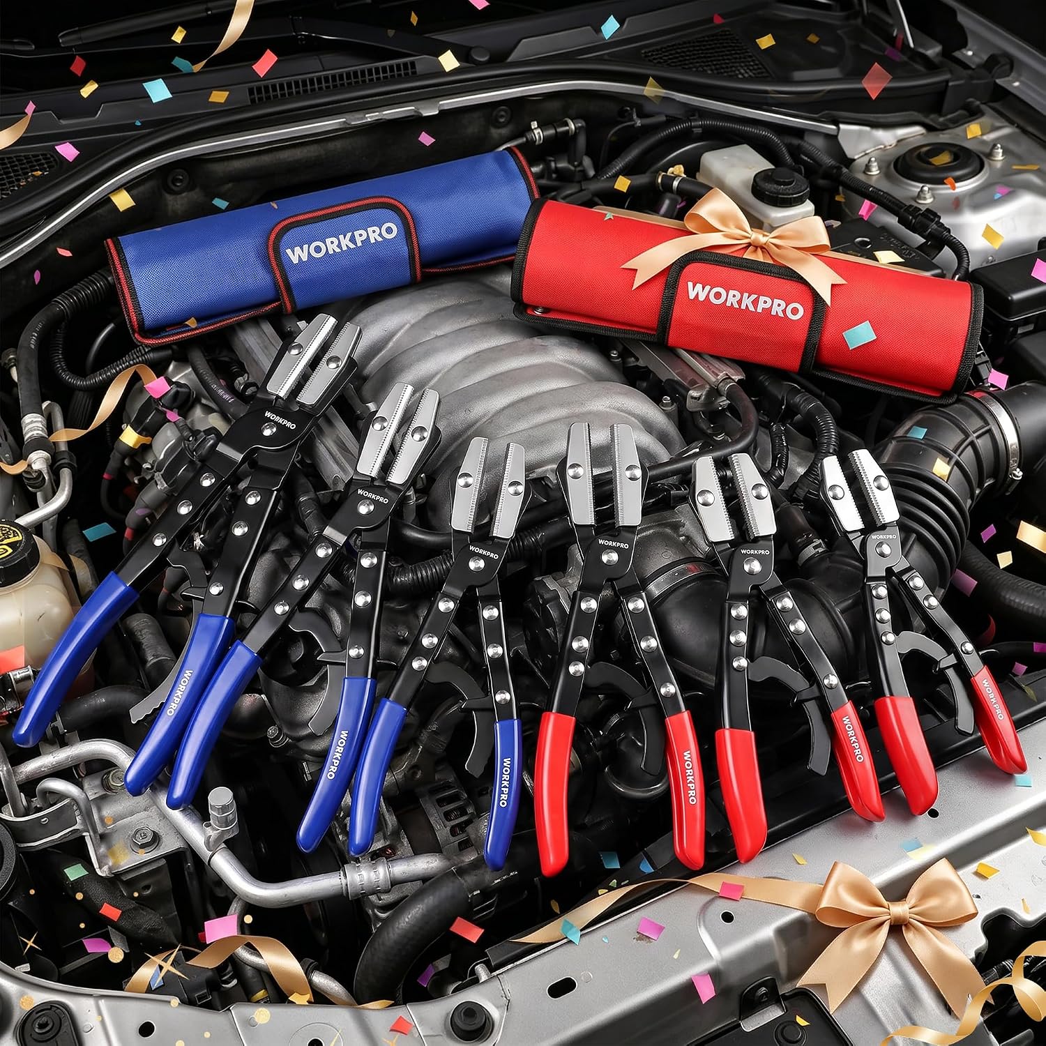 Set of WORKPRO hose clamp pliers with red handles, stored in vehicle engine bay
